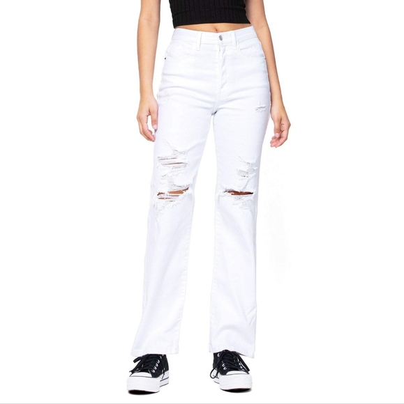Cello Women's White High Rise Straight Leg Distressed Jeans - Picture 1 of 12
